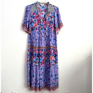 Umgee Floral Boho Midi Shift Dress S Short Sleeve Tie Neck Party Summer Brunch